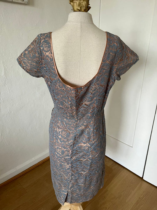 1950's Blue Lace Overlay Shift Dress on mannequin from behind