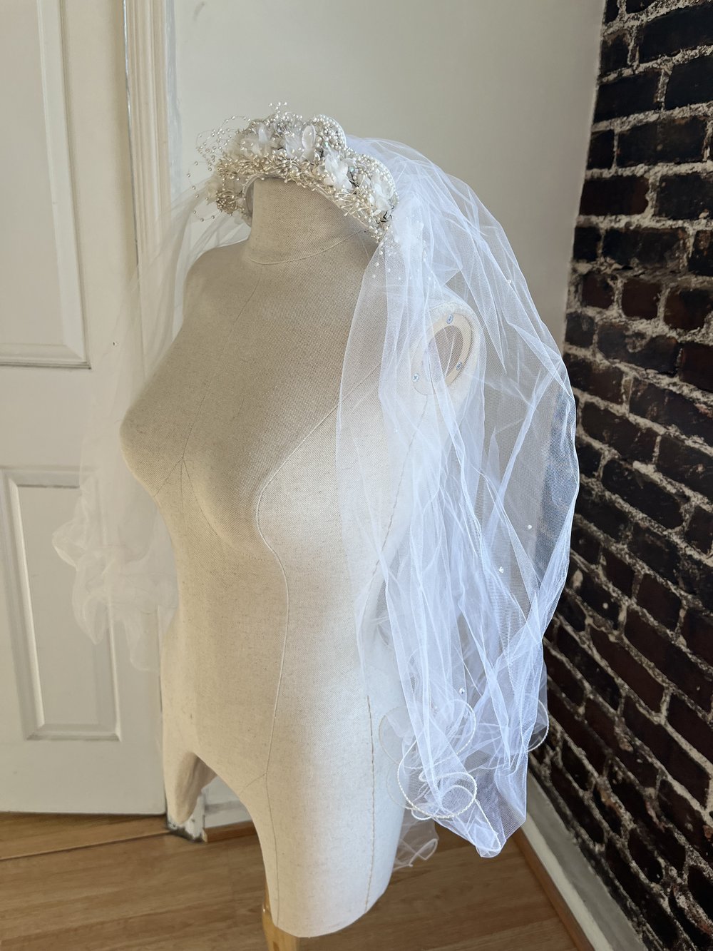 1980's Flower Crown with Walking Length Tulle Veil