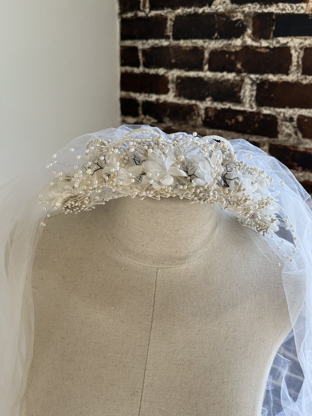 1980's Flower Crown with Walking Length Tulle Veil