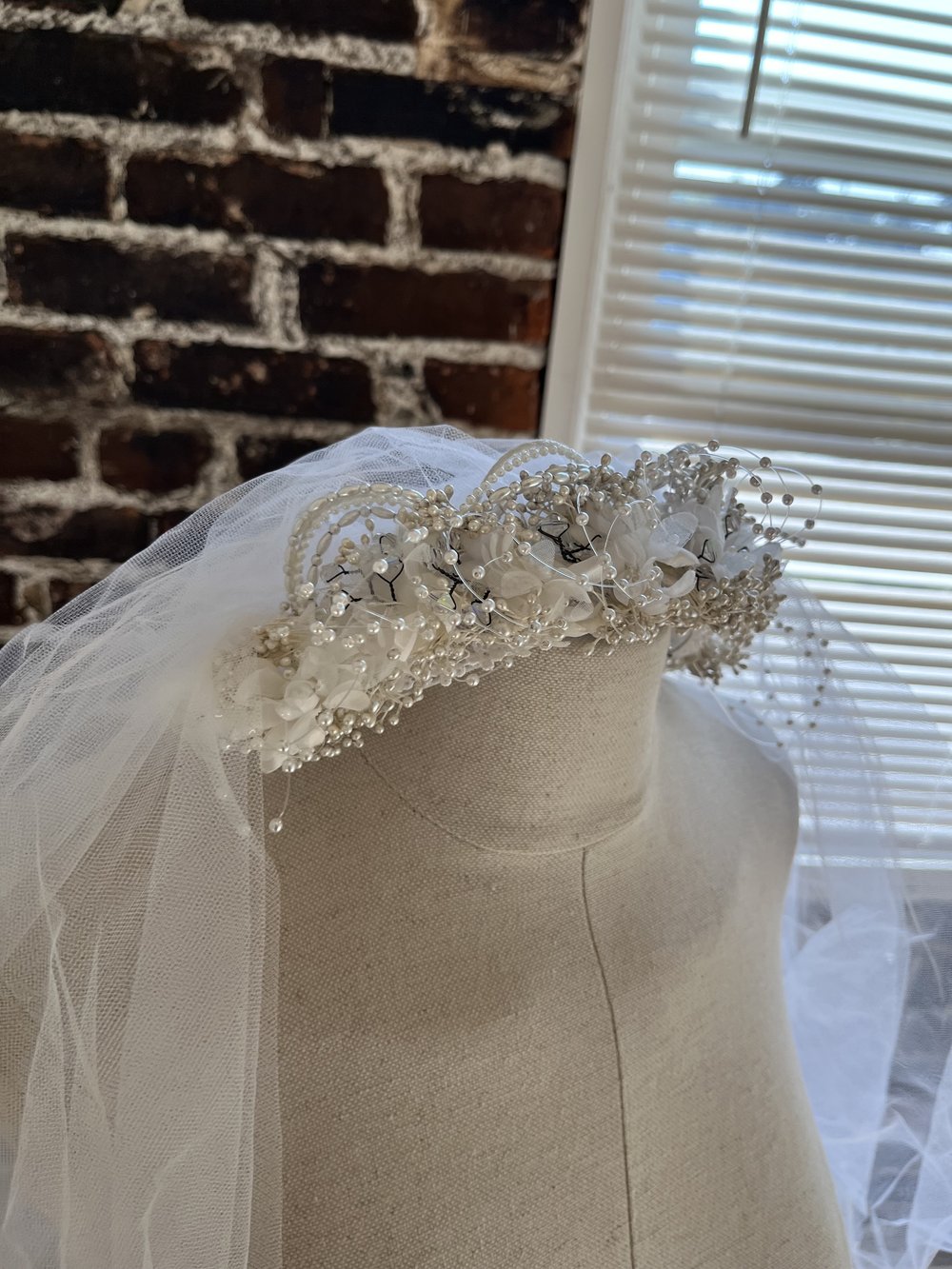 1980's Flower Crown with Walking Length Tulle Veil