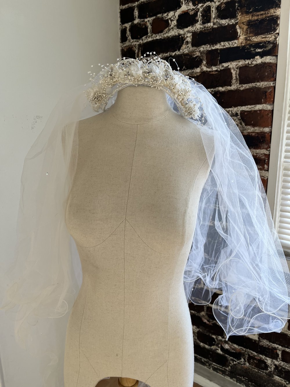 1980's Flower Crown with Walking Length Tulle Veil