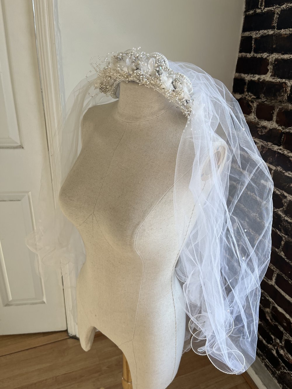 1980's Flower Crown with Walking Length Tulle Veil