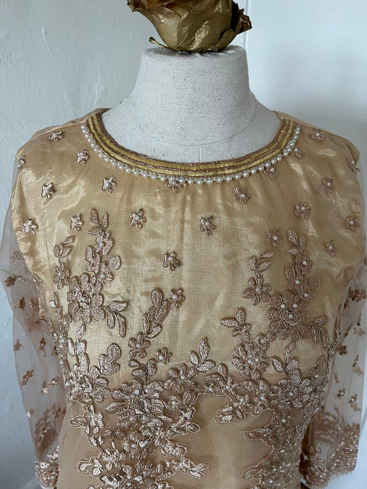 1990's Exquisite Gold Sari with Sheer Flower Overlay on mannequin close up