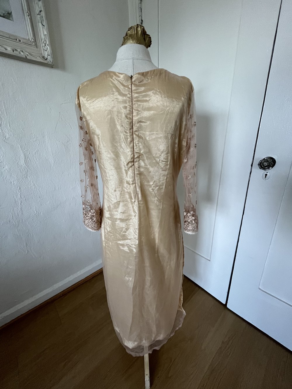 1990's Exquisite Gold Sari with Sheer Flower Overlay