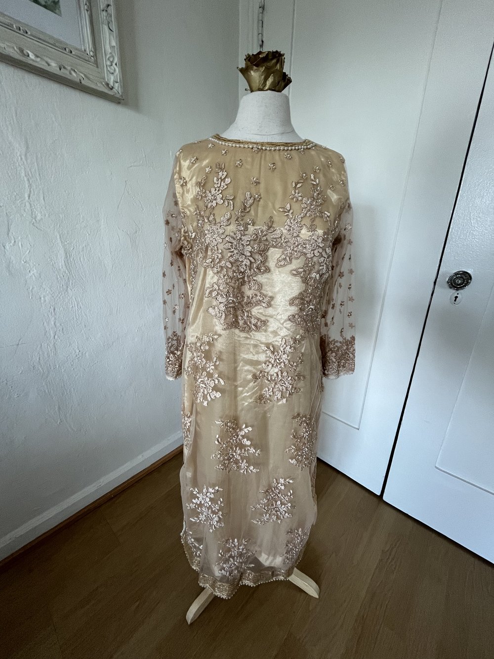 1990's Exquisite Gold Sari with Sheer Flower Overlay