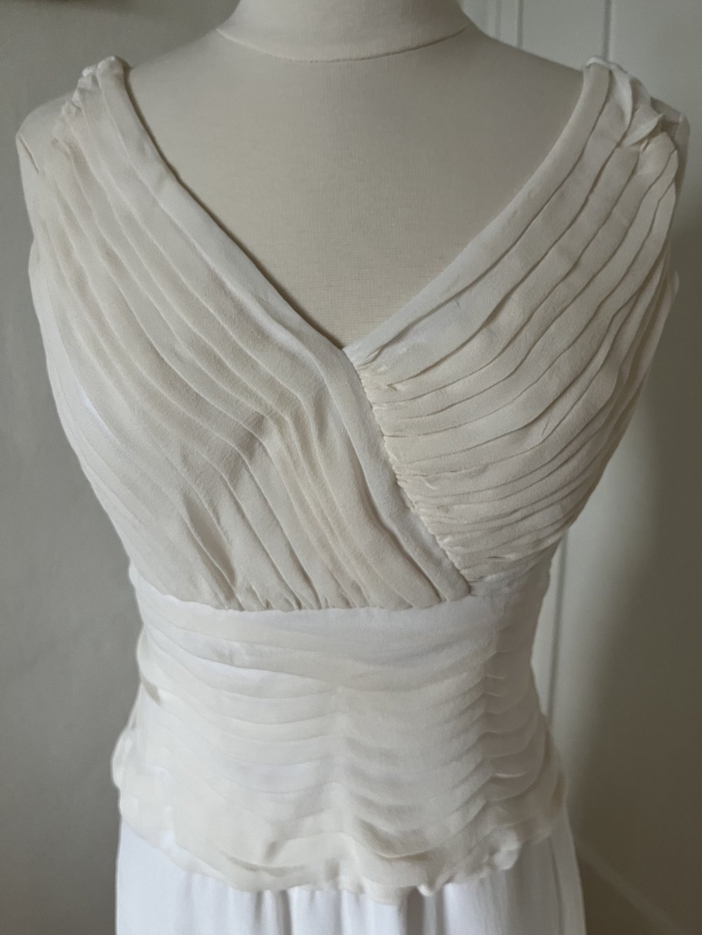 1990's Tadashi Bridal Chiffon Dress on mannequin close up