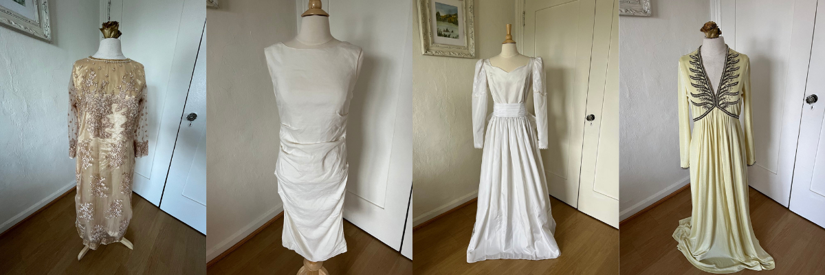 A row of four wedding dress pictures.